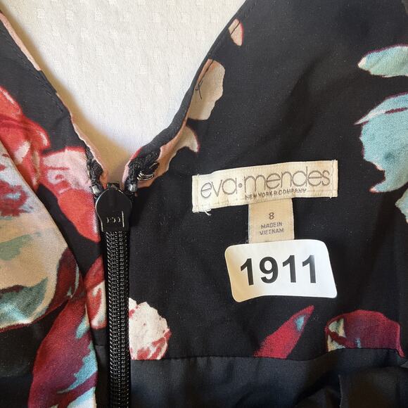 Eva Mendes New York Company Women Midi Dress 8 Black Floral Fit Flare Sleeveless - Picture 2 of 11